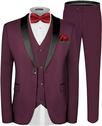 One Button Burgundy Solid Shawl Lapel 3 Piece Suit