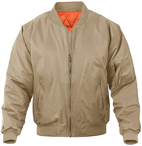 Men's Khaki Military Style Long Sleeve Bomber Jacket