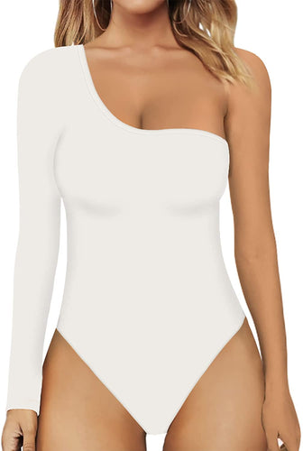 Long Sleeve White One Shoulder Tank Top Bodysuit