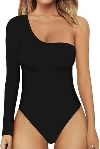 Long Sleeve Black One Shoulder Tank Top Bodysuit