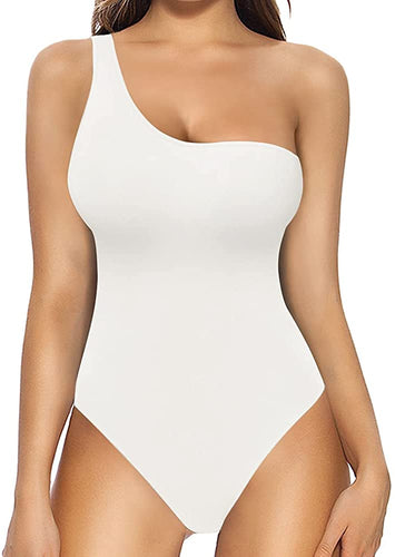 Sleeveless White One Shoulder Tank Top Bodysuit