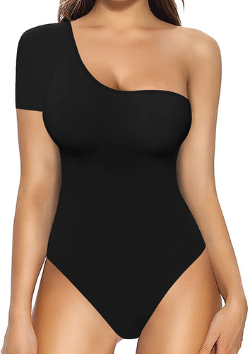 Short Sleeve Black One Shoulder Tank Top Bodysuit