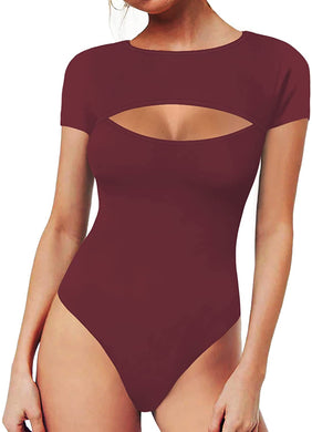 Short Sleeve Burgundy Cutout Front Bodysuit