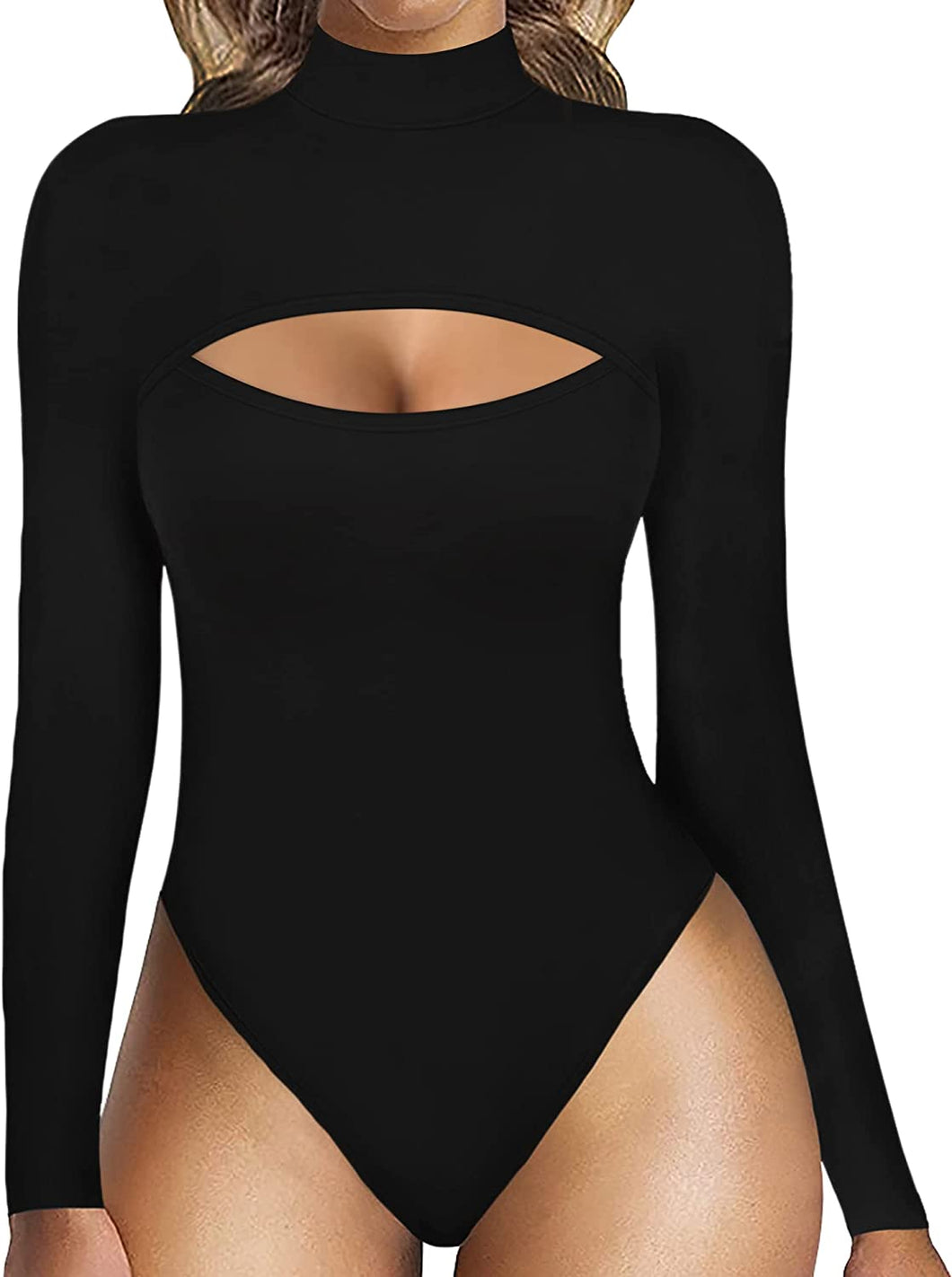 Mock Neck Long Sleeve Black Cutout Front Bodysuit