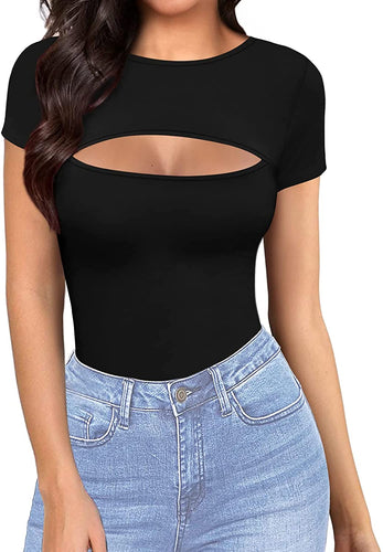 Short Sleeve Black Cutout Front Bodysuit