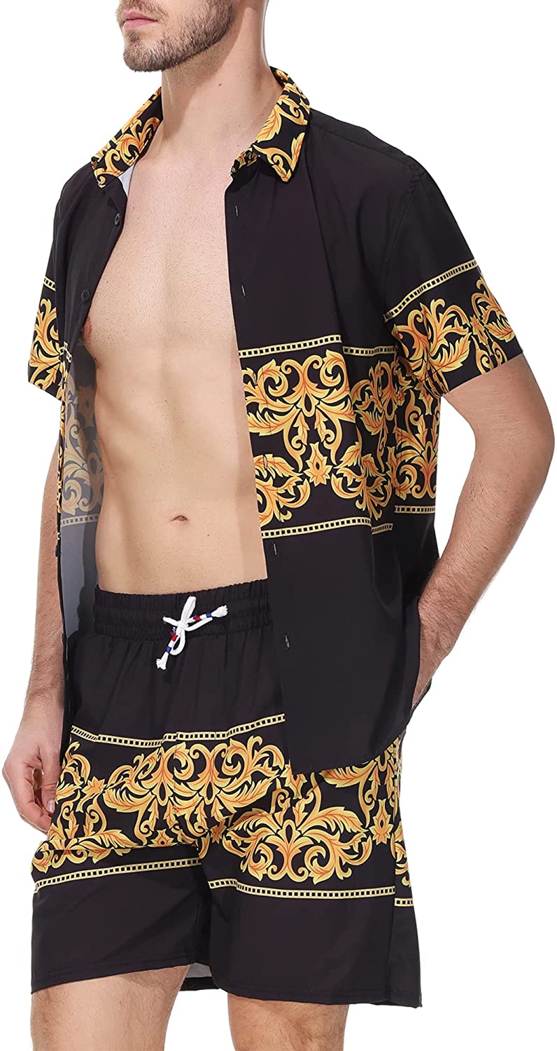 Men's Black/Gold Printed Casual Short Sleeve Shorts Set