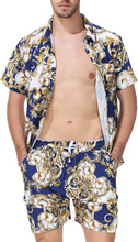 Load image into Gallery viewer, Men&#39;s Black/Gold Printed Casual Short Sleeve Shorts Set
