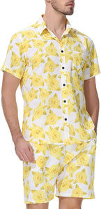 Men's Yellow Rose Hawaiian Casual Short Sleeve Shorts Set