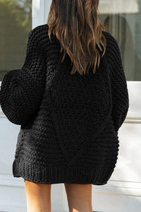 Boho Black Textured Open Front Long Sleeve Sweater