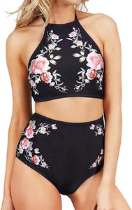 Womanfit  Black Floral Printed Sexy Two-Piece Swimsuit
