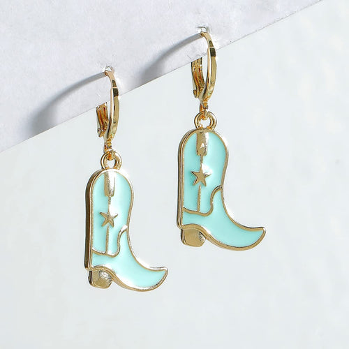 Dangle Drop Blue Western Cowgirl Boot Earrings