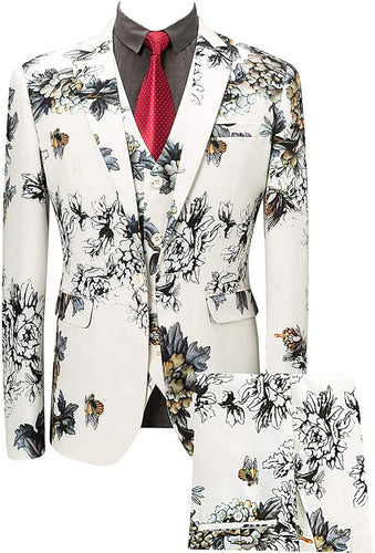 Men's White Floral Printed 3pc Stylish Suit