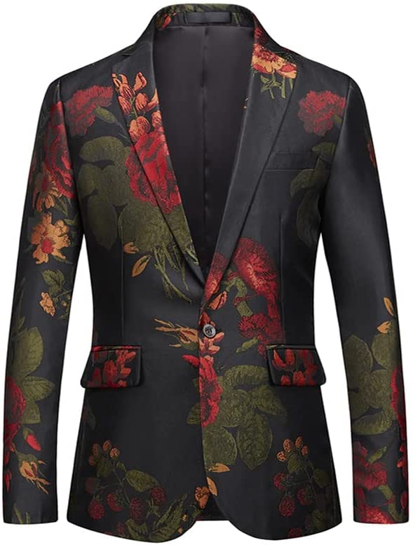 Men's Black & Green Floral Long Sleeve Blazer