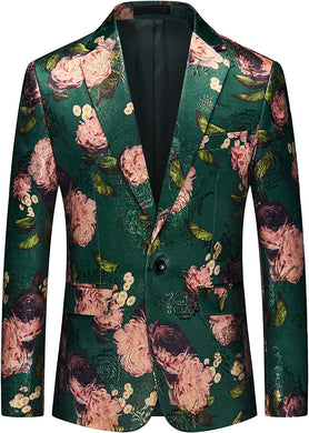 Men's Green Floral Printed Long Sleeve Slim Fit Blazer