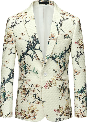 Men's White Floral Printed Long Sleeve Slim Fit Blazer