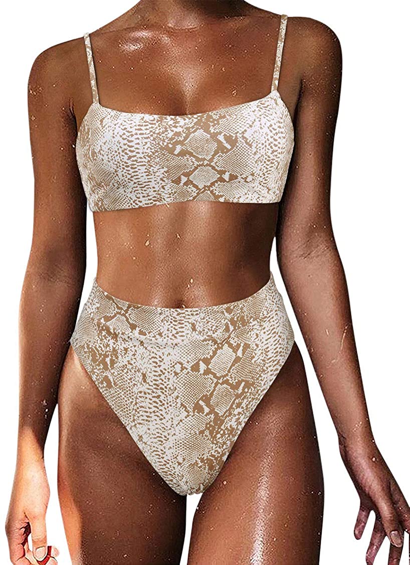 Sophisticated Snakeskin Khaki 2 Piece High Cut String Swimsuit