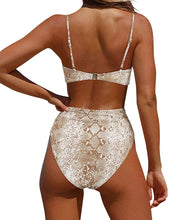 Load image into Gallery viewer, Sophisticated Snakeskin Khaki 2 Piece High Cut String Swimsuit