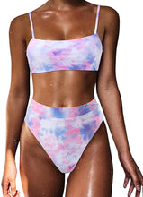 Load image into Gallery viewer, Sophisticated Purple Pink Tie Dye 2 Piece High Cut String Swimsuit
