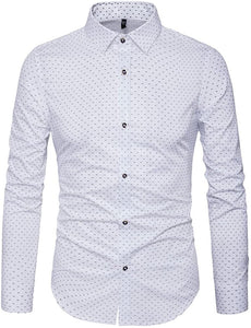 Men's White Printed Button Up Long Sleeve Shirt