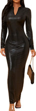 Load image into Gallery viewer, Illussion Black PU Leather Long Sleeve V-Neck Maxi Bodycon Dress