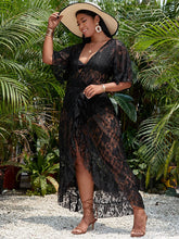 Load image into Gallery viewer, Floral Lace Black Ruffle Wrap Tie Kimono Cover Up
