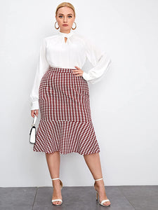 Plus Size Ruffle Hem Burgundy Plaid High Waist Pencil Mermaid Skirt