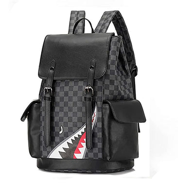 Casual Black Plaid Leather Men's Backpack
