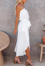 Load image into Gallery viewer, Women&#39;s Strapless Tube Top Slit Wide Leg White Jumpsuit with Belt