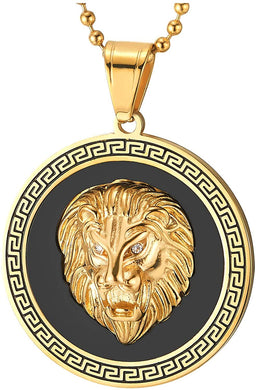 Men Steel Lion Head Circle Medal Pendant Necklace