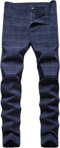 Skinny Fit Plaid Navy Flat-Front Stretch Slim Stylish Chino Pants