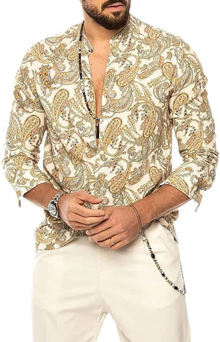 Printed Shirt Light Green Long Sleeve Button Down Floral Paisley Shirt