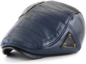 Newsboy Hat Dark Blue PU Leather Classic Flat Cap