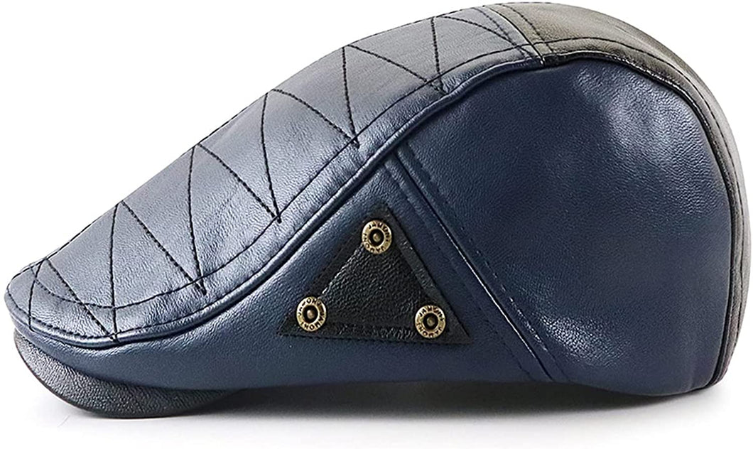 Newsboy Hat Dark Blue PU Leather Classic Flat Cap
