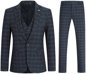Modern Black-Gray Plaid Long Sleeve 3pc Men's Suit