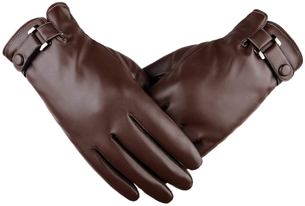 Winter Autumn Brown PU Leather Plus Thick Velvet Touch Gloves