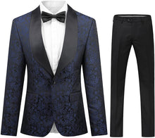 Load image into Gallery viewer, Men&#39;s Navy Jacquard Floral 2 Piece Suit Floral One Button Tweed Suit
