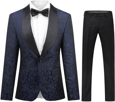 Men's Navy Jacquard Floral 2 Piece Suit Floral One Button Tweed Suit