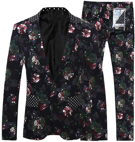 Men's Black Floral Long Sleeve 2pc Notched Lapel Suit