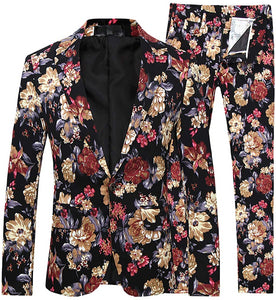 Men's Navy Jacquard Floral 2 Piece Suit Floral One Button Tweed Suit