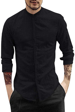 Men's Black Linen Cotton Long Sleeve Button Up Shirt