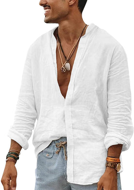 Men's Casual White Linen Long Sleeve Button Up Shirt