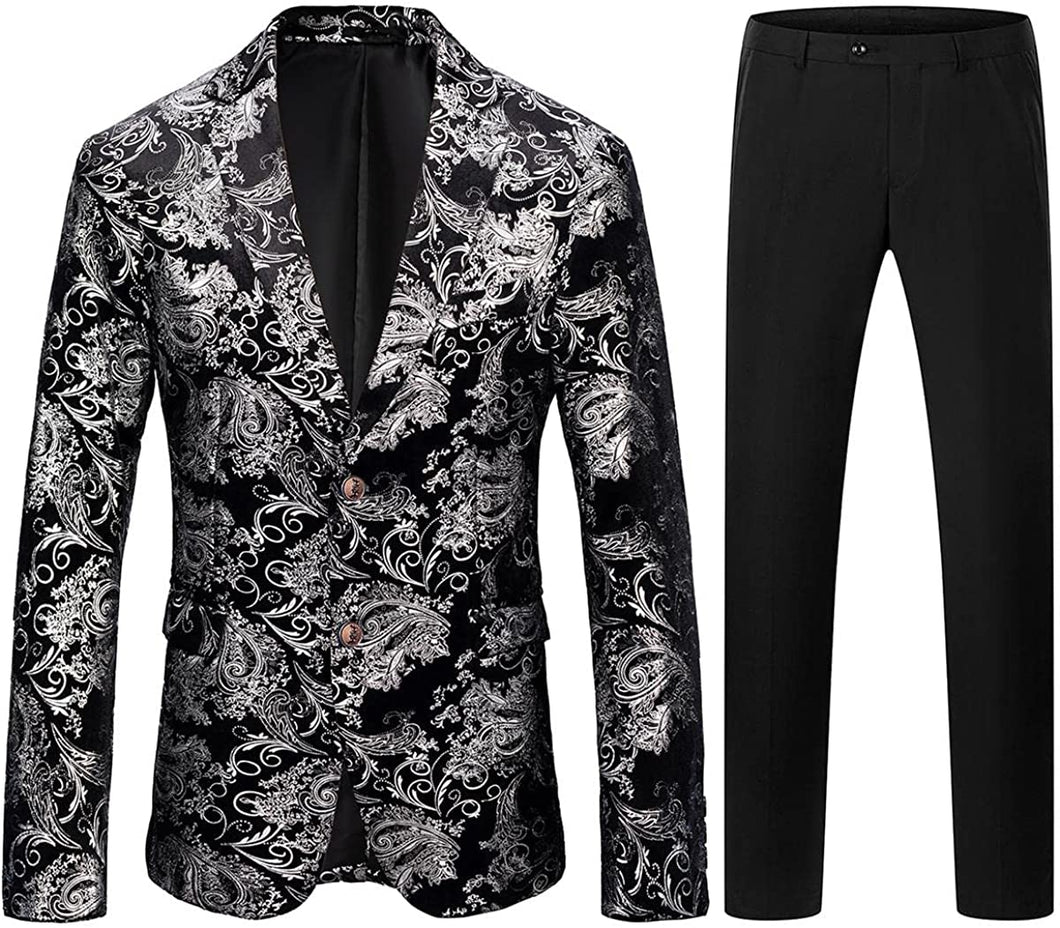 Silver & Black Single Breasted 2 Piece Men's Floral Suit