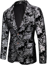Load image into Gallery viewer, Silver &amp; Black Single Breasted 2 Piece Men&#39;s Floral Suit