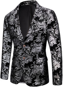 Silver & Black Single Breasted 2 Piece Men's Floral Suit