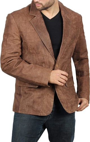 Men's Suede Brown Lambskin Button Closure Blazer