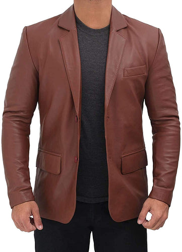 Men's Leather Blazer Brown Sports Lambskin Button Closure Coat