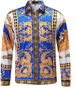 Golden Blue Men's Silk Like Satin Button Down Slim Fit Long Sleeve