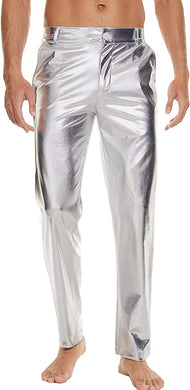 Men's Silver Metallic Shiny Disco Straight Leg Pants