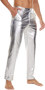 Men's Silver Metallic Shiny Disco Straight Leg Pants