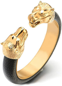 DezignStyler Gold Black Adjustable Wolf Head Open Cuff Bangle Bracelet